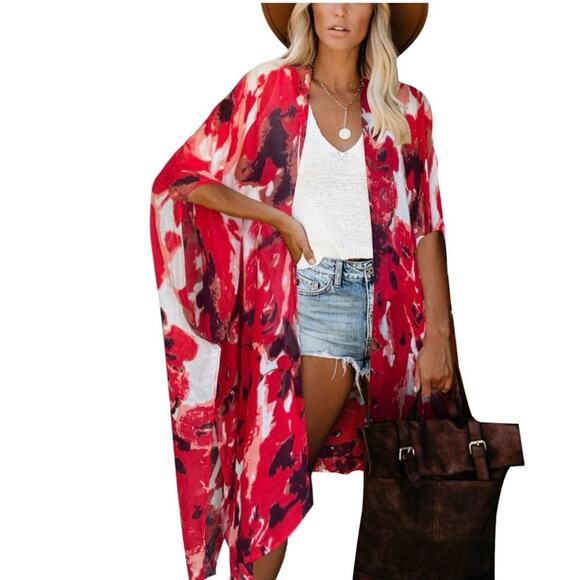 Women's Kimono Cardigan Beach Cover up Swimsuit with Bohemian Floral Print - Picture 1 of 8